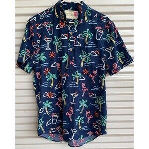 Chubbies Shirt Mens Medium Navy Short Sleeve Button Down Tropical Flamingo